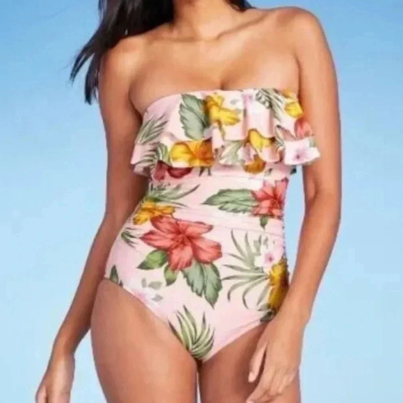 Flounce Front One Piece Swimsuit Kona Sol Hawaiian Floral Removeable Straps - Picture 2 of 15